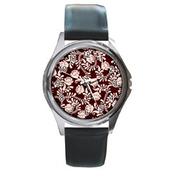 Flower Leaf Pink Brown Floral Round Metal Watch