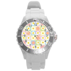 Season Flower Sunflower Blue Yellow Purple Pink Round Plastic Sport Watch (l)