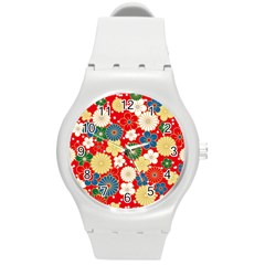 Season Flower Rose Sunflower Red Green Blue Round Plastic Sport Watch (m)