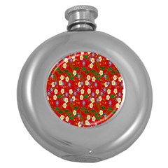 Red Flower Floral Tree Leaf Red Purple Green Gold Round Hip Flask (5 Oz) by Alisyart