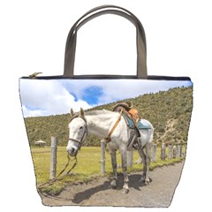 White Horse Tied Up At Cotopaxi National Park Ecuador Bucket Bags by dflcprints