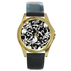 Vector Classical Traditional Black And White Floral Patterns Round Gold Metal Watch by Amaryn4rt