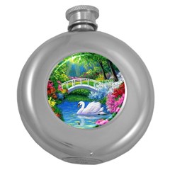 Swan Bird Spring Flowers Trees Lake Pond Landscape Original Aceo Painting Art Round Hip Flask (5 Oz) by Amaryn4rt