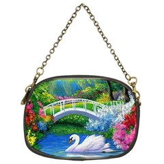 Swan Bird Spring Flowers Trees Lake Pond Landscape Original Aceo Painting Art Chain Purses (two Sides)  by Amaryn4rt
