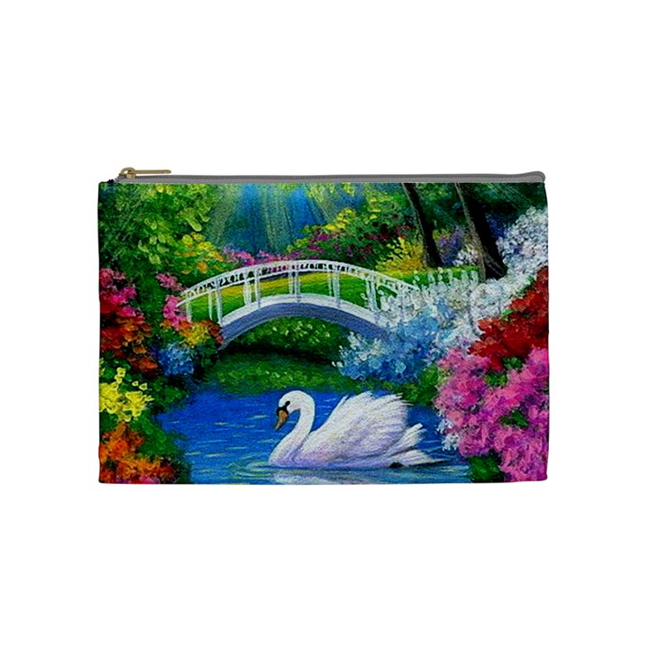 Swan Bird Spring Flowers Trees Lake Pond Landscape Original Aceo Painting Art Cosmetic Bag (Medium) 