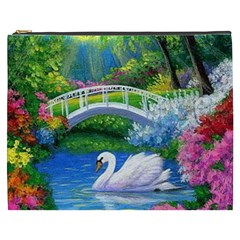 Swan Bird Spring Flowers Trees Lake Pond Landscape Original Aceo Painting Art Cosmetic Bag (xxxl)  by Amaryn4rt