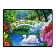 Swan Bird Spring Flowers Trees Lake Pond Landscape Original Aceo Painting Art Double Sided Fleece Blanket (small) 