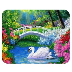 Swan Bird Spring Flowers Trees Lake Pond Landscape Original Aceo Painting Art Double Sided Flano Blanket (medium)  by Amaryn4rt