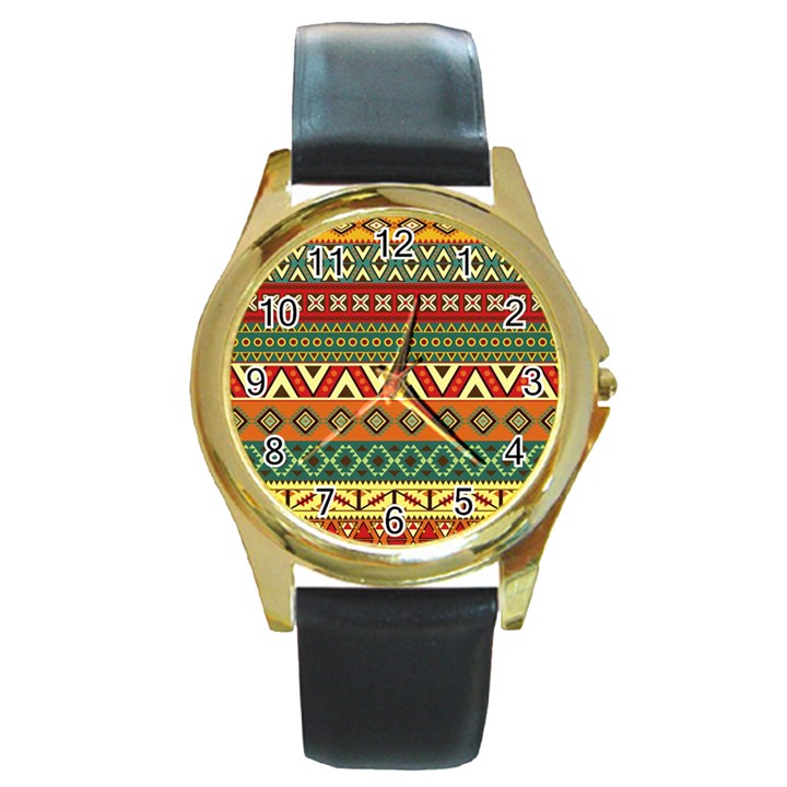 Mexican Folk Art Patterns Round Gold Metal Watch