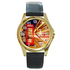 Telephone Box London Night Round Gold Metal Watch