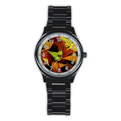 3d Red Abstract Fern Leaf Pattern Stainless Steel Round Watch by Amaryn4rt