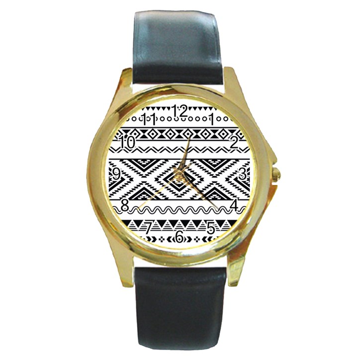 Aztec Pattern Round Gold Metal Watch