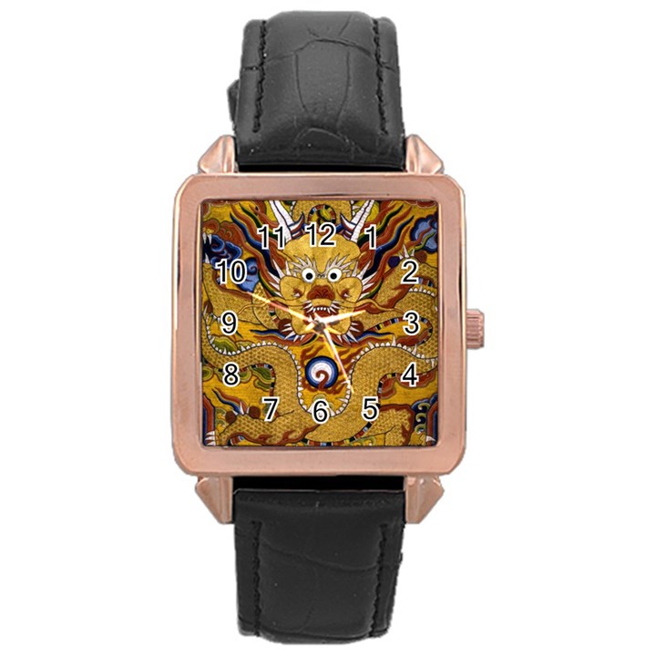 Chinese Dragon Pattern Rose Gold Leather Watch 
