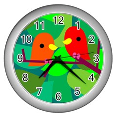 Animals Birds Red Orange Green Leaf Tree Wall Clocks (silver)  by Alisyart