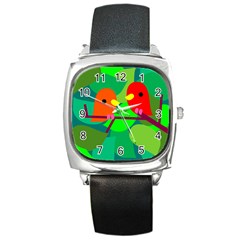 Animals Birds Red Orange Green Leaf Tree Square Metal Watch by Alisyart