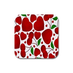 Cherry Fruit Red Love Heart Valentine Green Rubber Square Coaster (4 Pack)  by Alisyart