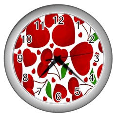 Cherry Fruit Red Love Heart Valentine Green Wall Clocks (silver) 