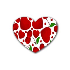 Cherry Fruit Red Love Heart Valentine Green Rubber Coaster (heart) 