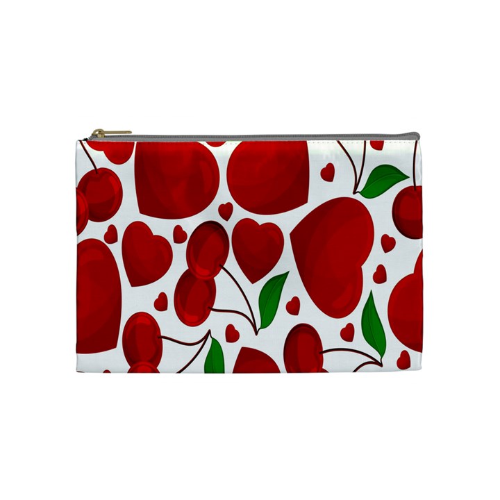 Cherry Fruit Red Love Heart Valentine Green Cosmetic Bag (Medium) 