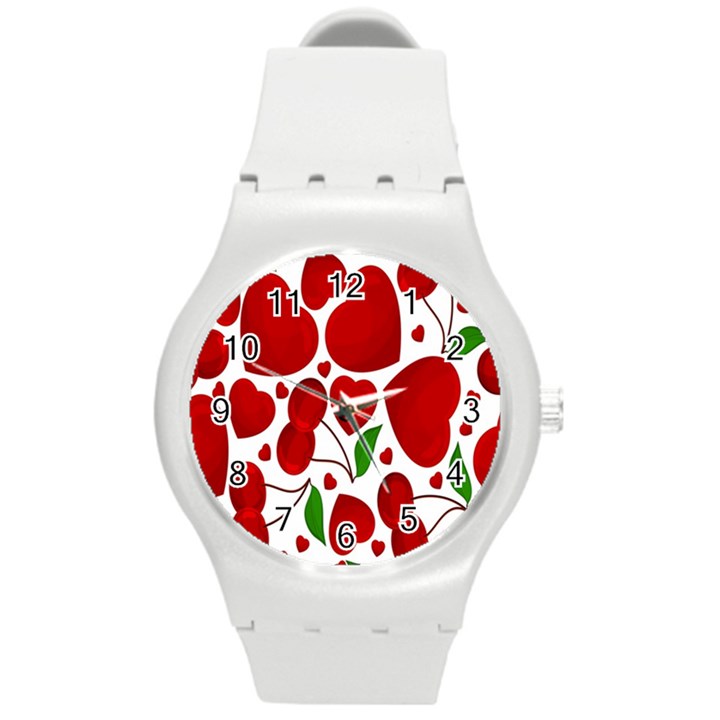 Cherry Fruit Red Love Heart Valentine Green Round Plastic Sport Watch (M)