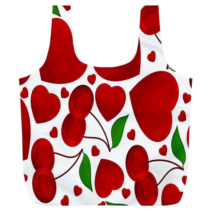 Cherry Fruit Red Love Heart Valentine Green Full Print Recycle Bags (L) 