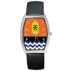 Coconut Tree Wave Water Sun Sea Orange Blue White Yellow Green Barrel Style Metal Watch by Alisyart