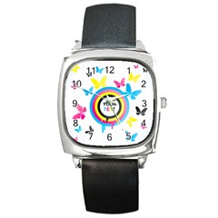 Colorful Butterfly Rainbow Circle Animals Fly Pink Yellow Black Blue Text Square Metal Watch by Alisyart