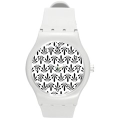 Floral Black White Round Plastic Sport Watch (m)