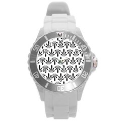 Floral Black White Round Plastic Sport Watch (l)