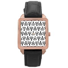 Floral Black White Rose Gold Leather Watch 