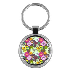 Floral Seamless Rose Sunflower Circle Red Pink Purple Yellow Key Chains (round) 