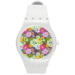 Floral Seamless Rose Sunflower Circle Red Pink Purple Yellow Round Plastic Sport Watch (m)