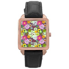 Floral Seamless Rose Sunflower Circle Red Pink Purple Yellow Rose Gold Leather Watch  by Alisyart