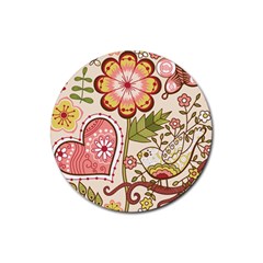 Seamless Texture Flowers Floral Rose Sunflower Leaf Animals Bird Pink Heart Valentine Love Rubber Round Coaster (4 Pack) 