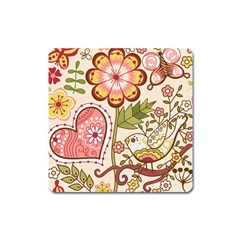 Seamless Texture Flowers Floral Rose Sunflower Leaf Animals Bird Pink Heart Valentine Love Square Magnet