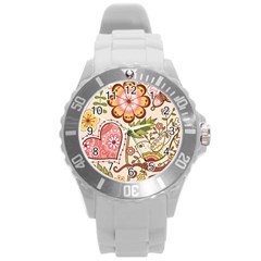 Seamless Texture Flowers Floral Rose Sunflower Leaf Animals Bird Pink Heart Valentine Love Round Plastic Sport Watch (l)