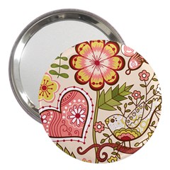 Seamless Texture Flowers Floral Rose Sunflower Leaf Animals Bird Pink Heart Valentine Love 3  Handbag Mirrors