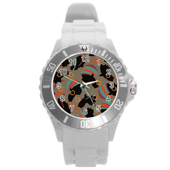 African Women Ethnic Pattern Round Plastic Sport Watch (L)