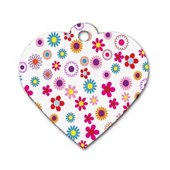 Colorful Floral Flowers Pattern Dog Tag Heart (Two Sides)