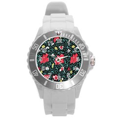 Vintage Floral Wallpaper Background Round Plastic Sport Watch (l) by Simbadda