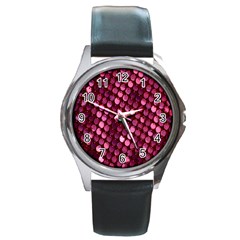 Red Circular Pattern Background Round Metal Watch by Simbadda