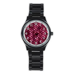 Red Circular Pattern Background Stainless Steel Round Watch by Simbadda