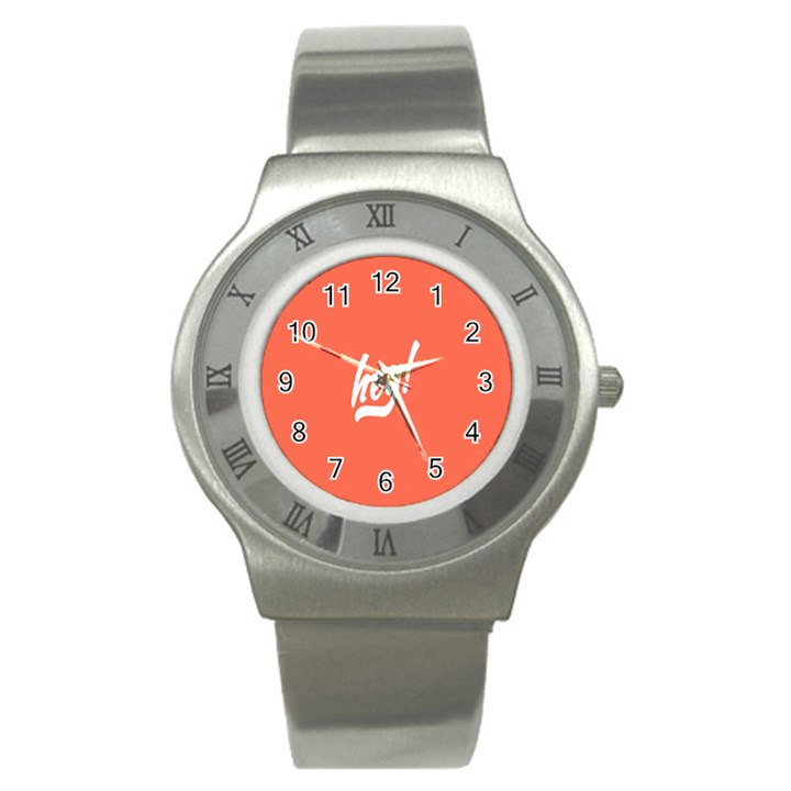 Hey White Text Orange Sign Stainless Steel Watch