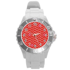 Springtime Wave Red Floral Flower Round Plastic Sport Watch (l)