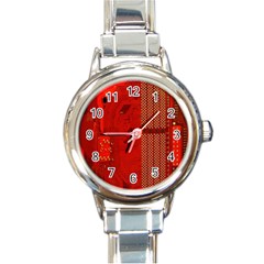 Computer Texture Red Motherboard Circuit Round Italian Charm Watch