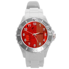 Computer Texture Red Motherboard Circuit Round Plastic Sport Watch (l) by Simbadda