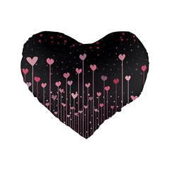 Pink Hearts On Black Background Standard 16  Premium Flano Heart Shape Cushions by TastefulDesigns