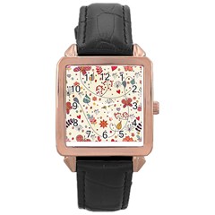 Spring Floral Pattern With Butterflies Rose Gold Leather Watch 