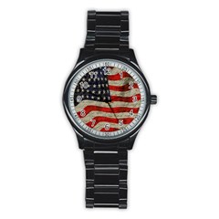 Vintage American Flag Stainless Steel Round Watch by Valentinaart