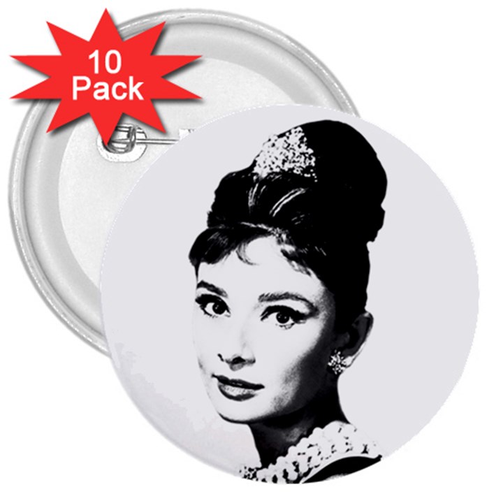 Audrey Hepburn 3  Buttons (10 pack) 